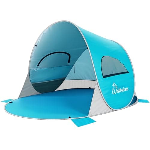 Image of Wolfwise Pop up Beach Tent Sun Shelter with UPF50+ UV Protection, Instant Easy Setup Popup Beach Shade Canopy for 3 Person, Portable & Foldable with Carring Bag, 220x145x120CM (87 ×57×47 IN), Blue