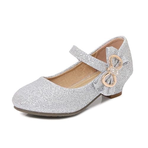 Image of Girls Elegant Flat Shoes with Glitter Bow and Chic Low Heel - Comfortable Dance Shoes for Kids and Daily Wear, silver, 13 UK Child