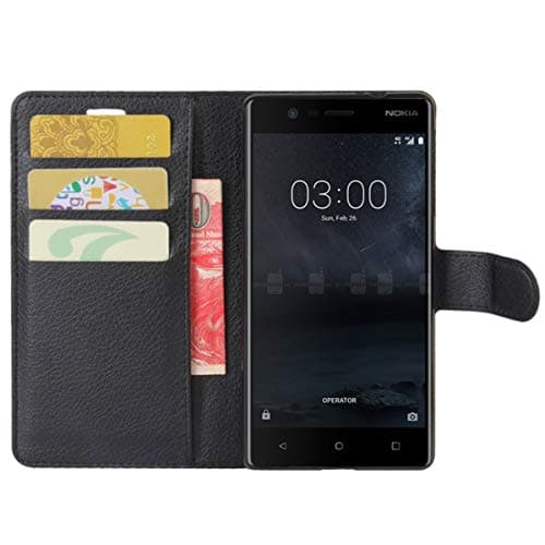 Image of HualuBro Nokia 3 Case, Premium PU Leather Wallet Flip Phone Protective Case Cover with Card Slots for Nokia 3 2017 Smartphone (Black)