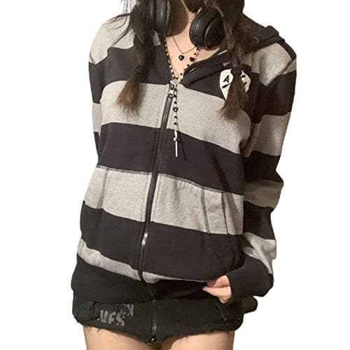 Image of Y2k Zip Up Hoodie for Women Long Sleeve Striped Graphic Vintage Sweatshirt 90s E-Girl Halloween Casual Top Jacket (Black, S)