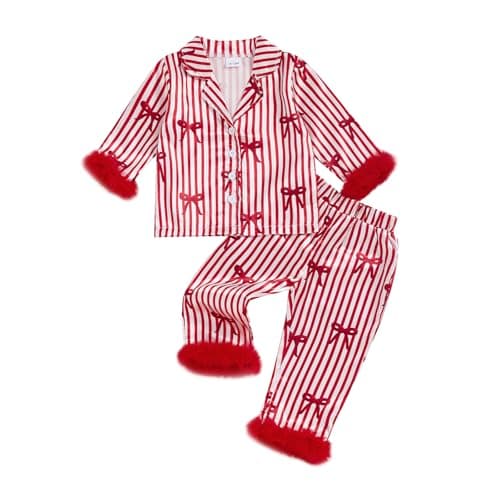 Image of Qianderer Toddler Kids Baby Girl Christmas Satin Silk Pajamas Button Down 2 Piece Pajama Set Pjs Long Sleeve Shirts Tops and Pants Nightgown Outfit (Bl Red Bow, 5-6 Years)