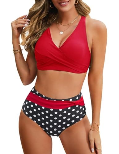 Image of Nadeer Women's Two Piece Swimsuits Cross Wrap Front Bikini High Waisted Bikini Bottom Tummy Control Bathing Suits with Adjustable Straps Vintage Print Swimwear Red