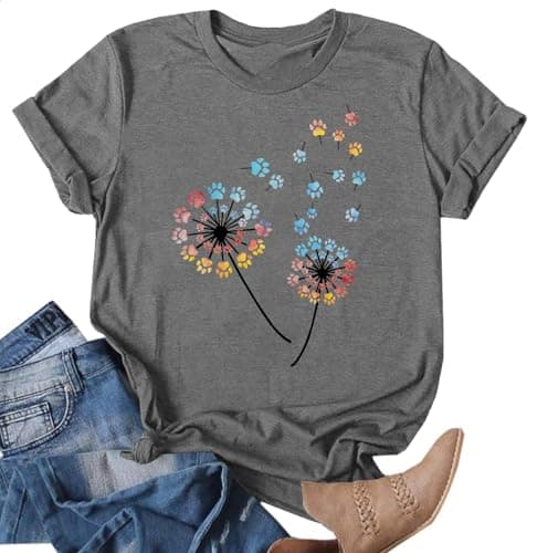 Image of VVNTY Dandelion T Shirts for Women Cute Dandelion Print Graphic T-Shirt Summer Short Sleeve Round Neck Tee Tops (Lightgrey1,S)