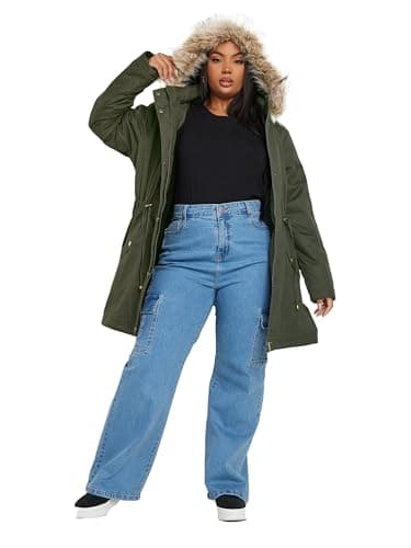 Image of Yours Curve Green Faux Fur Trim Parka Coat - Women's - Plus Size Curve