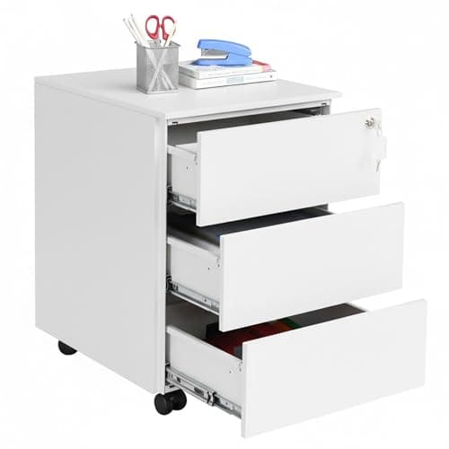 Image of SONGMICS Mobile File Cabinet, Lockable, with 3 Drawers, Hold Documents, Stationery, Pre-Assembled, for Office, Home Office, 39 x 45 x 55 cm, White OFC63WT