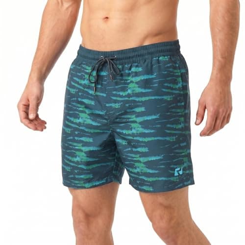Image of RIPT Men’s Quick Dry Swim Shorts with Mesh Lining Drawstring Waist UV50 Sun Protection Beach & Swimming Trunks (Blue/Green Tie Dye, S)