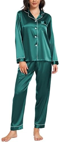 Image of Vlazom Pyjamas for Women, Soft Satin Long Sleeve Pjs Set Two Piece Silk Pyjamas Classic Button Down Sleepwear Loungewear for All Seasons Dark Green,M