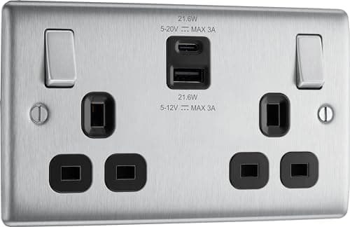 Image of BG Electrical 22W Double Switched Wall Plug Socket with Fast Charge Type A & C USB Charging Ports, Nexus Metal, Brushed Steel, Black Inserts, 13A, NBS22UAC22B