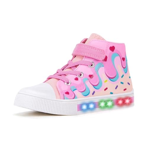 Image of Girls Trainers Kids High-Top Flashing Canvas Shoes Unisex Child Light Up Lightweight Casual Shoes Pink Cake Size 11