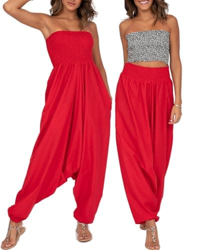 Image of likemary Jumpsuits for Women UK Converts into Harem Pants with Pockets - 2-in-1 Cotton Strapless Romper & Comfy Elasticated Waist Trousers - Red Jumpsuit