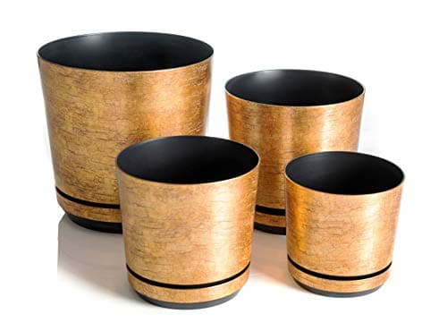 Image of KORAD Set of 4 Antique Gold Plant Pots 16 cm, 18 cm, 21 cm, 26 cm - Decorative Planters in 4 Sizes of 16 cm, 18 cm, 21 cm, 26 cm for Flowers, Herbs, Plant Compositions. OSL S4/114