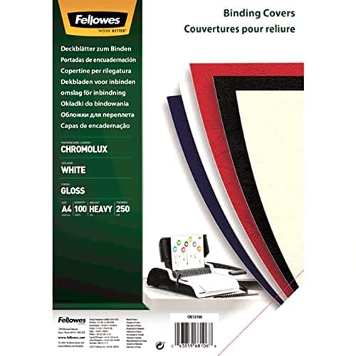 Image of Fellowes A4 100 Percent Recyclable Chromolux Gloss Binding Covers, Heavyweight, 250 gsm Presentation Covers, FSC, White, Pack of 100