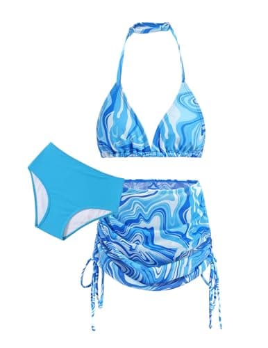 Image of Arshiner Girls 3 Piece Bikini Set Kids Halterneck Swimsuit Set with Drawstring Cover-Up Skirt Summer Beach Surfer Swimwear Bathing Suit for Girl 14-15 Years