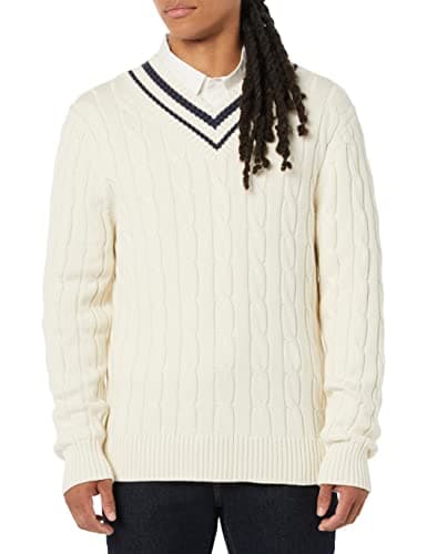 Image of Amazon Essentials Men's Cable Knit V-Neck Cricket Jumper, Light Beige, L