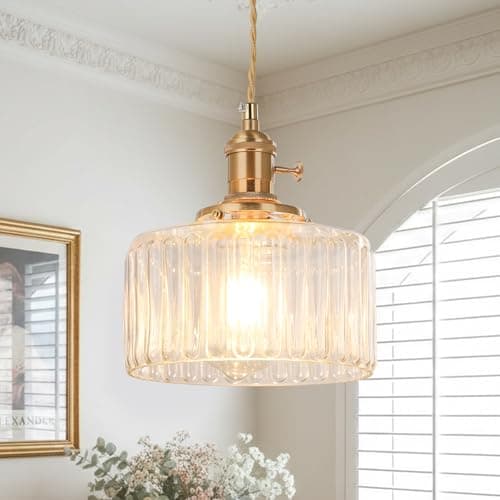 Image of BTTO Glass Pendant Light, Vintage Brass Hanging Ceiling Lights, Clear Lampshades for Ceiling Lights, Adjustable Height Chandelier for Kitchen Island Bedroom Dining Room
