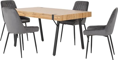 Image of Seconique Treviso Dining Table Set with 4 Avery Dining Chairs in Light Oak Effect/Grey Velvet