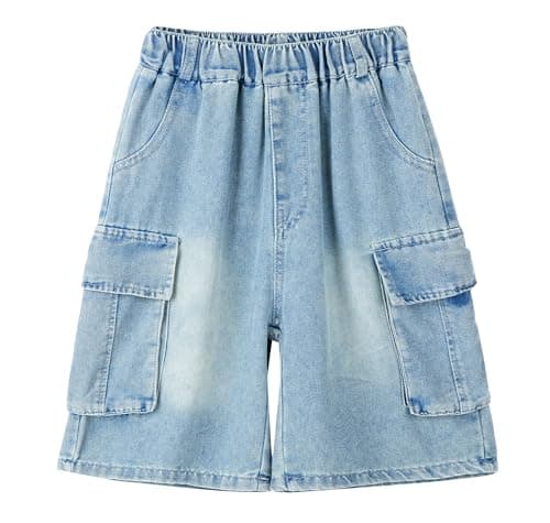 Image of Maeau Boys Denim Shorts Kids Jeans Knee Length Loose Summer Trousers Elastic Waist Baggy Pants 11-12 Yeras Blue