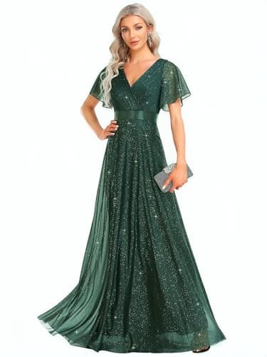 Image of Ever-Pretty Shimmering Wedding Guest Dresses V-Neck Short Sleeves Empire Waist Dark Green 16