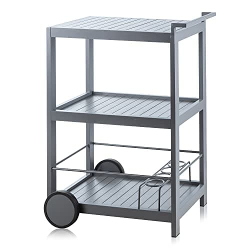 Image of Alfresia Aluminium Garden Bar Trolley – 3 Tier Drinks Stand on Wheels, Cocktail Bar Set, Wood Effect Countertops, Grey, Water and Rust Resistant, Outdoor Bar Trolley for Garden and Patio, Durable