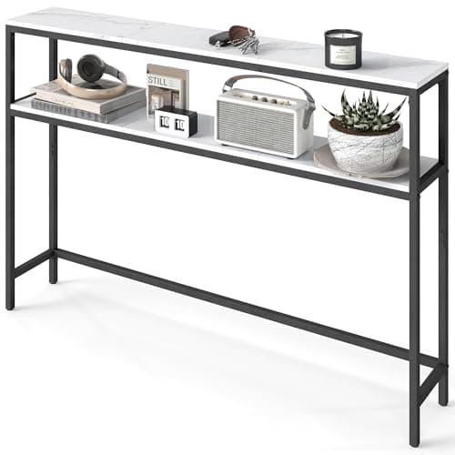 Image of VASAGLE Console Table, 2-Tier Slim Sofa Table, 20 x 120 x 80 cm, Hallway Table with 2 Shelves, for Living Room, Entryway, Marble White and Ink Black LNT133W59V1