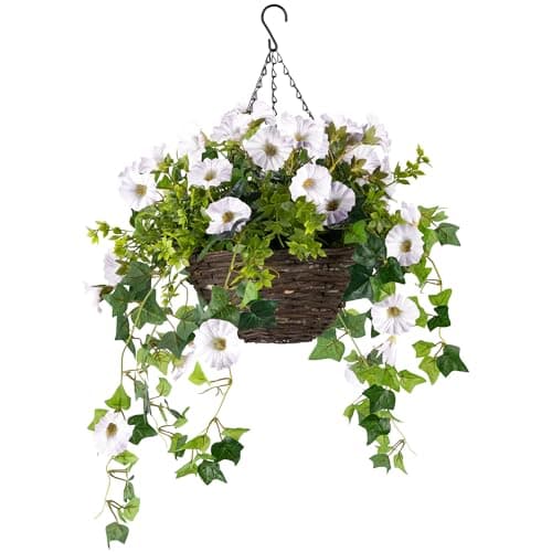 Image of CHRISTOW Artificial Petunia Hanging Basket – Ready to Hang Wicker Garden Planter with White Flowers, Gypsophila & Ivy, UV-Resistant PE Leaves, Pre-Fitted Triple Steel Chain, 25cm Basket Diameter