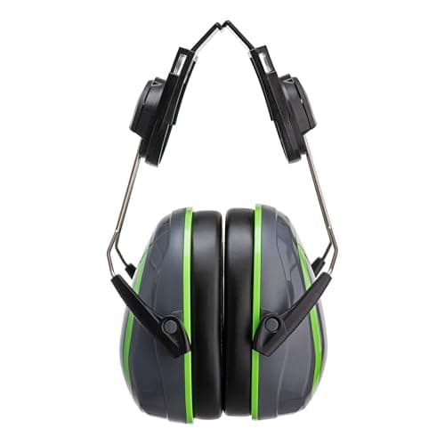 Image of Portwest PW75 HV Extreme Ear Defenders Low Clip On Helmet Mounted Hearing Protection Lightweight Comfortable Colour Coded Cups Certified Safety, Grey/Green, One Size
