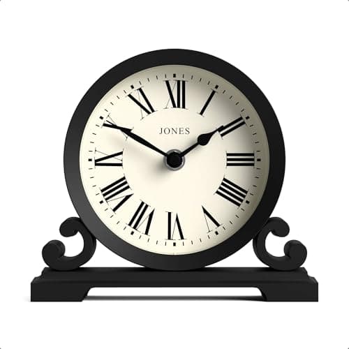 Image of Jones Clocks® Saloon mantel clock | Small traditional double scroll design | Black | Roman numerals | Classic style for desk, table, shelf or bedside