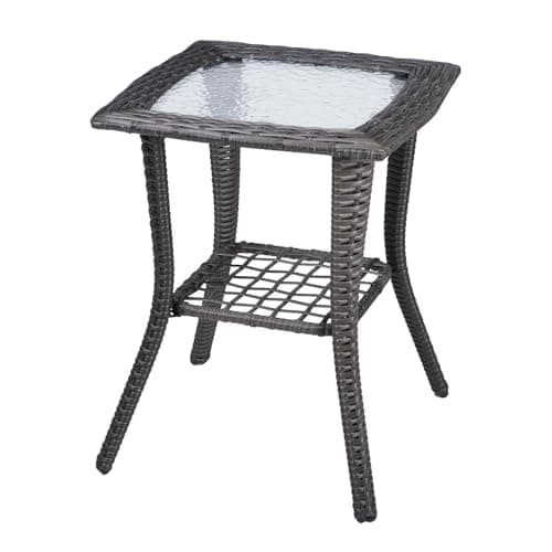 Image of Bonnlo Small Garden Table, Rattan Patio Table with Tempered Glass Top, Outdoor Indoor Use, for Balcony Porch Conservatory Bistro Grey
