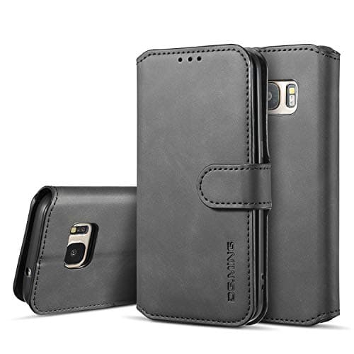 Image of UEEBAI PU Leather Case for Samsung Galaxy S7, Vintage Retro Premium Wallet Flip Cover TPU Inner Shell [Card Slots] [Magnetic Closure] Stand Function Folio Shockproof Full Protection - Black