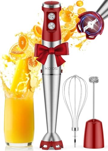Image of KOIOS Immersion Blender, 1000W Anti-scratch 3-in-1 Hand Blender, Upgraded 12 Speed Stainless Steel Blade Stick Blender with Turbo Mode, Whisk and Milk Frother, Non-BPA, Red