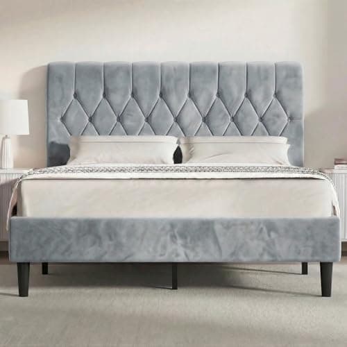 Image of Blisswood King Size Bed Frame, Noise-Free Upholstered Platform Bed With Chesterfield Design Tufted Adjustable Headboard & Under Bed Storage,Velvet Fabric/Sturdy Wooden Slats Support (Light Grey)
