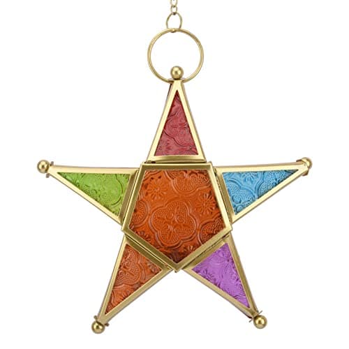 Image of Kisbeibi Lamp Holder, Moroccan Style Star Shaped Lanterns Holder, Hanging Glass Light Holder Home Decoration Tealight Holder Iron Art Colored Glass Wind Lamp Holder(Multicolored)