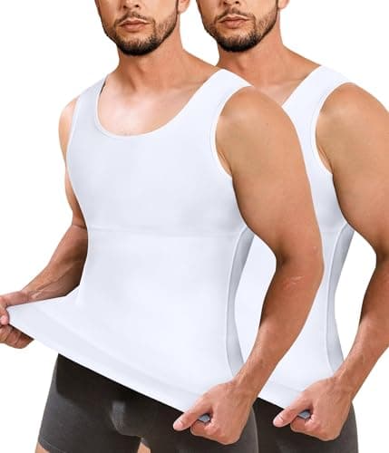 Image of Junlan Men Compression Shirt Vest 2 Pack Slimming Body Shaper Tummy Control Shapewear Tank Tops Seamless Undershirts (White/White,XL)