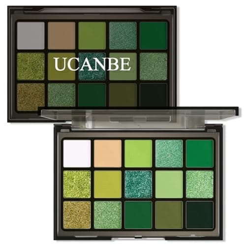 Image of UCANBE Green Eyeshadow Makeup Palette, 15 Colors Bright Dark Green Shimmer Matte Metallic Glitter Eye Shadow, Forest Emerald Lime Pallet Kit for Cosplay Parties Christmas Halloween SFX