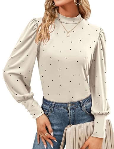 Image of Qirno Womens Mock Neck Puff Long Sleeve Tops Casual Loose Solid Basic T Shirt Button Cuffs Pullovers Shirts Blouse, Apricot Polka Dots, M