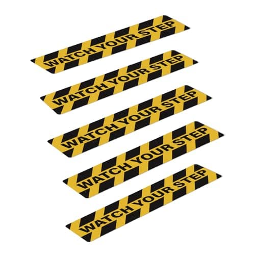 Image of YIKIADA Watch Your Step Stickers Self Adhesive Vinyl 600 × 150 mm (23.4 × 5.85 Inch) Warning Tape Anti Slip Safety Signs Caution Wet Floor Decals for Office Workplace Home Pack of 5