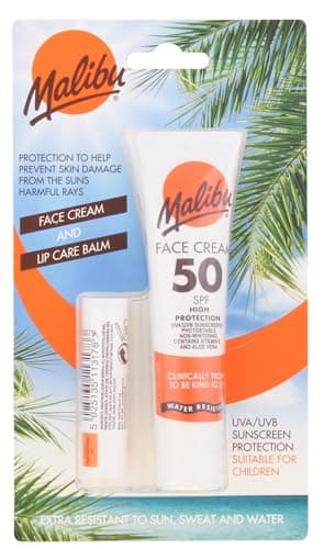 Image of Malibu Sun SPF 50 Face Cream and SPF 30 Lip Balm Duo, High Protection Sun Cream, Water Resistant, Vitamin Enriched, 2 pack