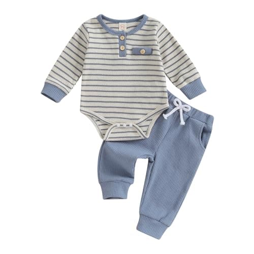 Image of Vioyavo Infant Baby Boys 2Pcs Tracksuit Stripes Print Long Sleeve Romper Elastic Waist Long Pants Set Casual Clothes Set Spring Fall (Blue, 12-18 Months)