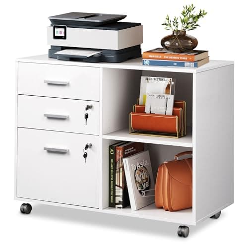 Image of DEVAISE 3 Drawer Mobile File Cabinet,Wood Lockable Drawers Printer Stand with Open Storage Shelf fits A4 or Letter Size for Home Office, White