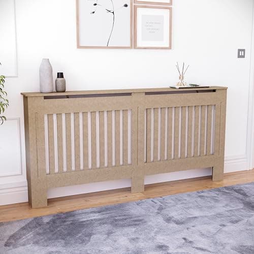 Image of Vida Designs Chelsea Radiator Cover Unfinished - Extra large - Modern Vertical Slat Design For Optimal Heat Circulation - H82xW172xD19cm - Unpainted MDF Cabinet Ideal For Living Room & Hallway