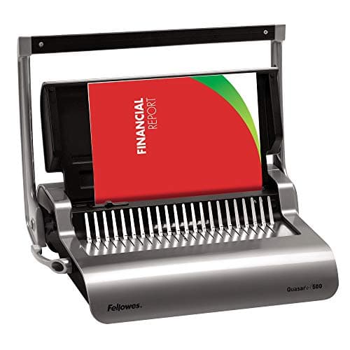 Image of Fellowes Quasar+ Binding Machine for Office - 21-Hole, 500 Sheet Manual Paper Punch Comb Binder Machine with Starter Kit 10 Comb Bindings - Ideal for Office Use - Silver
