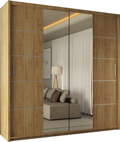 Image of SLIDING WARDROBE 4U Winnipeg Double Door Sliding Mirror Wardrobe with Adjustable Shelves and Hanging Rails (Oak, 180cm)