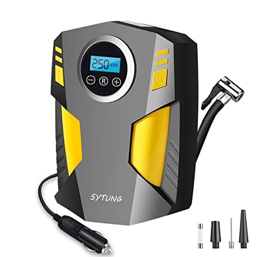 Image of SYTUNG Digital Tyre Inflator, Portable Air Compressor Car Tyre Pump with 3 Nozzle Adaptors and Digital LED Light, 12V Rapid Tyre Inflator Air Compressor for Car Tires and Other Inflatables