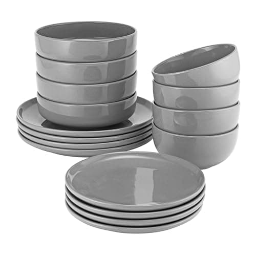Image of ProCook Stockholm Charcoal Grey Dinner Set with Pasta Bowls Stoneware Scandinavian Style Flat Base Dishwasher, Microwave & Oven Safe Dinnerware 16 Piece, 15/20/22/27 cm