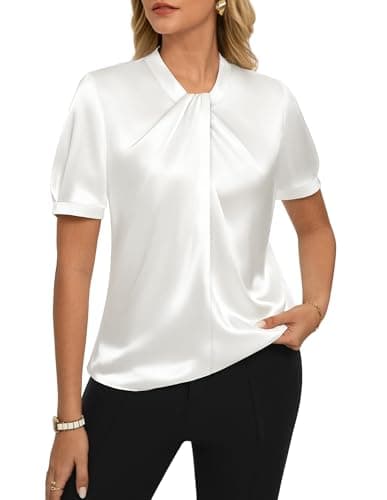 Image of GRACE KARIN Women Satin Blouse Short Sleeve Summer Top Elegant Silk Dressy Shirt Casual Office Work Tops for Ladies UK White M