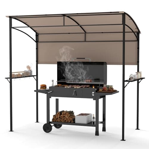Image of COSTWAY Grill Gazebo, Outdoor BBQ Shelter with Serving Shelf and Storage Hooks, Metal Frame Barbecue Canopy Sunshade Awning for Garden Patio Party (Brown, 239 x 108cm, with Extra Shadow)
