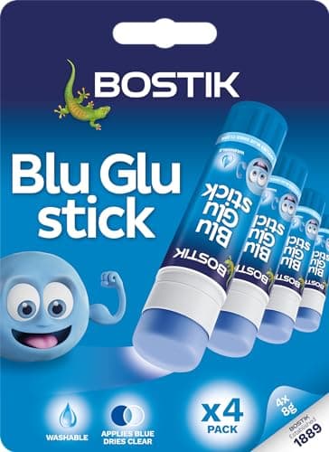 Image of Bostik Blu Stick Glue Sticks 4 x 8g - Goes on Blue - Dries Clear - Solvent Free - Washable