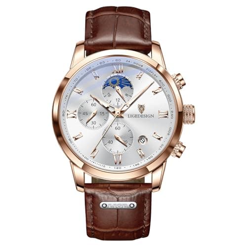Image of LIGE Men Watches | Waterproof Wrist Analogue Gents Chronograph Vintage Mens Watch Retro 30M Waterproof Leather Luminous Analog Quartz with Date & Moon Phase Display Men's Gift,Brown White