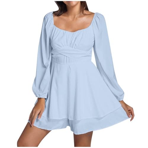 Image of Generisch Women's Dresses Square Neck Party Dress Autumn Mini Dress High Waist Pleated Lantern Long Sleeve Dress Wedding Guest Ruffle Dress Puff Sleeves Skater Dress Pirate Costume Cocktail Dress