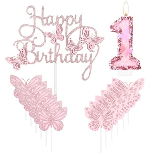 Image of mciskin Happy 1st Birthday Candles,Butterfly Cake Decorations,Pink Number 1 Candle for Cake,Pink Cupcake Toppers Girls,Glitter Butterfly Topper for Girls' First Birthday Decorations